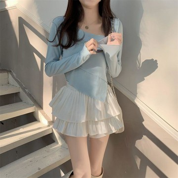 【蓬蓬蛋糕裙】女裝 芭蕾風 兩件套 不規則冰絲上衣 百褶裙 春秋季 套裝 上衣 蛋糕上衣