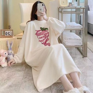 台灣出貨 大尺碼150kg可穿長款可愛家居服 加厚保暖睡裙 女生睡裙 冬天睡裙 寬鬆加大加厚家居服 女生睡衣 秋冬睡衣