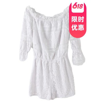 諾諾E站 【GS】夏裝 休閑女士蕾絲一字肩松露肩五分袖緊腰連體褲