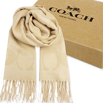 COACH 新款大C LOGO喀什米爾混羊毛圍巾禮盒(卡其米)