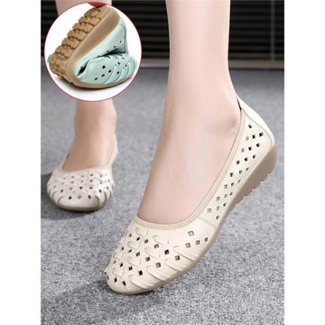 夏季平底真皮媽媽鞋涼鞋女包頭中老年鏤空皮鞋休閑軟底洞洞鞋