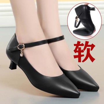 黑色高跟鞋女春職業細跟一字扣帶中跟尖頭百搭上班軟底工作鞋單鞋