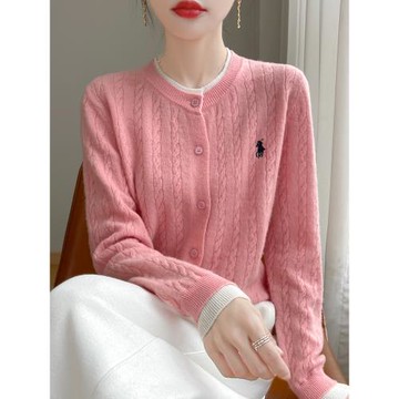 2025秋冬爆款圓領螺紋麻花針織開衫安迪絨假兩件刺繡百搭女士外套