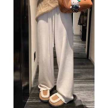 白色高腰針織闊腿褲女秋冬垂感系帶松緊腰拖地褲直筒休閑褲長褲