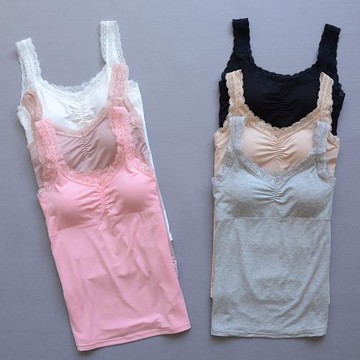 日系夏季V領常規顯瘦蕾絲莫代爾修身帶胸墊吊帶背心女內搭打底衫