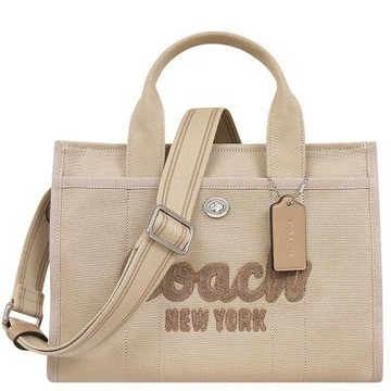 COACH Cargo 專櫃款奶茶色刺繡厚織帆布手提/斜背兩用托特包