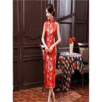 中國風古典水滴領無袖旗袍紅色迎賓禮儀頒獎走秀年輕款改良連衣裙