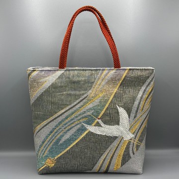 和服 腰帶 腰帶繩 手工 托特包 改造 藍 金 鶴 龜