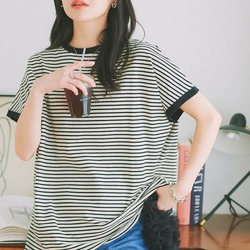 日本 Kobe Lettuce - 100%棉 修身法式袖上衣-(可選領)-黑領細條紋