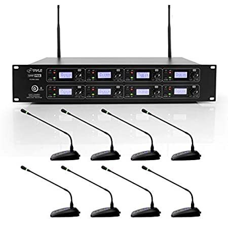 Pyle Channel Conference Microphone System UHF Desktop, Table Meeting Wireless Microphones ＆ Receiver w  Gooseneck Mics, Rack Mountable ＆ LED A