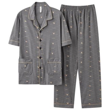 寬松加肥加大碼睡衣男夏季純棉短袖長褲中老年爸爸薄款家居服套裝