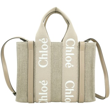 CHLOE Woody 蔻依 小型 字母刺繡織帶亞麻帆布手提/斜背托特包(灰皮革)