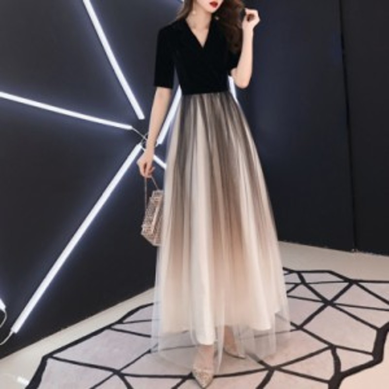 パーティードレス 結婚式 二次会 ワンピース お呼ばれ パーティー ロングドレス ロング丈 マキシ丈 チュール Vネック 五分袖 黒 赤 上品 通販 Lineポイント最大4 0 Get Lineショッピング