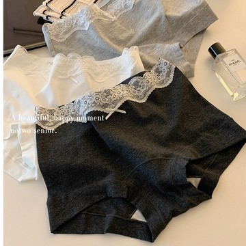 附發票~台灣現貨【1002】10A抑菌 全棉加長襠 法式蕾絲拼接 平角褲 全包臀 女中高腰內褲
