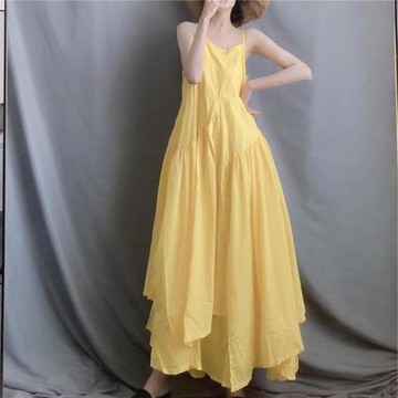 檸檬黃不規則大擺吊帶裙時尚連衣裙文藝清新夏季款氣質飄逸長裙子