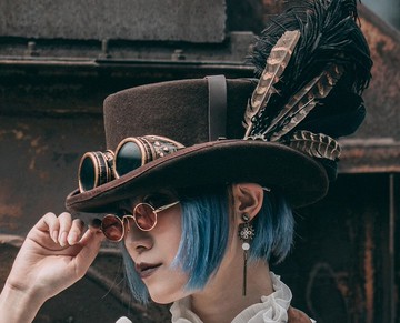 蒸汽朋克 棕咖色 復古 羽毛 風鏡 羊毛毛 平頂禮帽