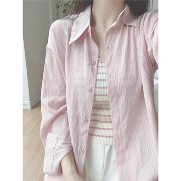 韓系粉色薄款防曬長袖襯衫女夏裝新款寬松慵懶風襯衣休閑外套上衣