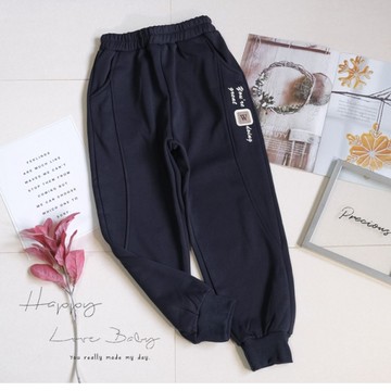 男大童 厚款 個性字母布標深藍厚磅寶寶絨棉褲 秋冬童裝 大童長褲 大童休閒褲 大童運動褲 刷毛