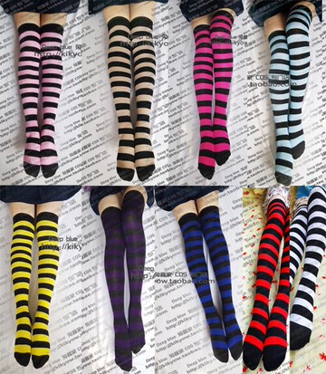 cos萬用多色入 黃黑 棕黑 藍黑 玫紅黑 紫黑寬條紋過膝襪高筒襪