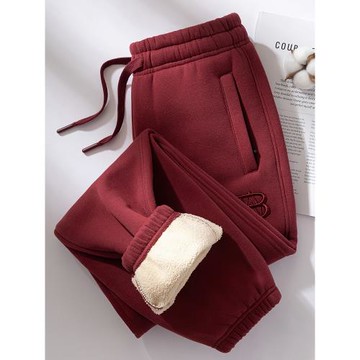 (免運)棗紅色加絨衛褲女冬季2025新款秋冬休閑保暖運動褲女拉鏈加厚褲子