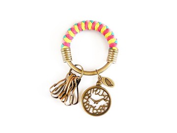 鑰匙圈(小)5.3CM 桃紅+粉紅+亮黃+湖水綠+簍空時鐘 手工 編織