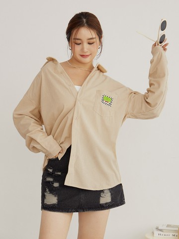 質感燈芯絨口袋織標長版襯衫上衣