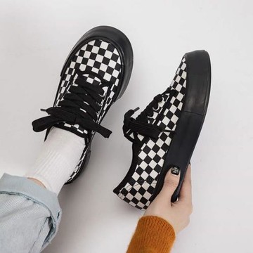三次黑白格子帆布鞋女韓版潮新款板鞋春季厚底增高鞋大頭鞋呆萌鞋