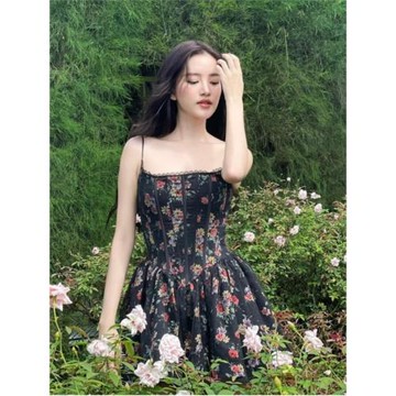 超火越南設計感純欲度假風重工蕾絲刺繡印花收腰顯瘦吊帶連衣裙女