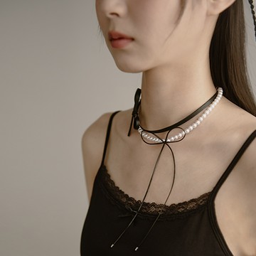 皮質蝴蝶結珍珠雙層項鍊