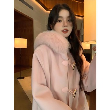 粉色冬日煙花牛角扣雙面羊毛絨大衣女2025狐貍毛領新款毛呢外套冬