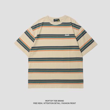 WHXS日系復古條紋短袖T恤男女潮牌街頭夏季寬松bf風情侶休閑短tee