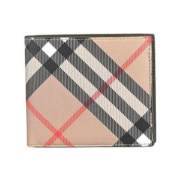 BURBERRY 內壓印LOGO格紋塗層帆布搭羔羊皮內襯8卡對開短夾(米沙棕x內裡棕綠)