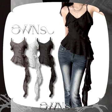 🥀旺斯女孩🥀今夏最流行 側荷葉流蘇背心 磨破 斜擺剪裁設計 微性感 黑白灰 約會穿搭