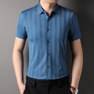 夏季高端桑蠶絲短袖襯衣男士豎條紋半袖襯衫商務休閑男裝冰絲寸衣
