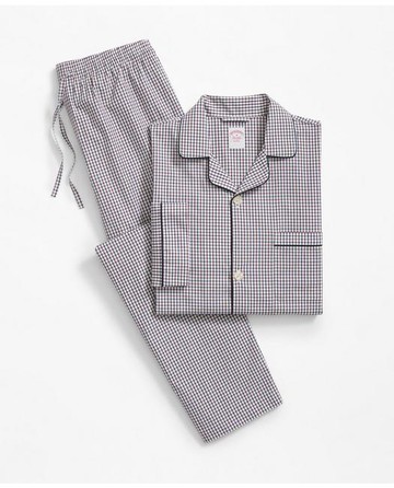 Brooks Brothers Men's Cotton Broadcloth Tattersall Pajamas | Burgundy/Navy | Size Medium