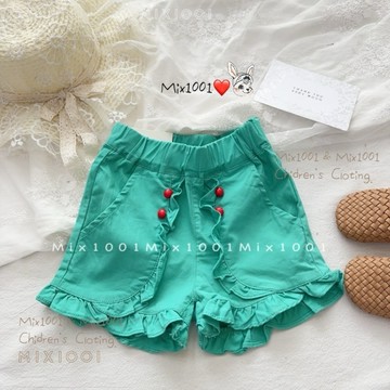 🌈✨mix1001 翠綠小紅釦花邊造型短褲✨兒童荷葉捲邊造型短褲 5-17