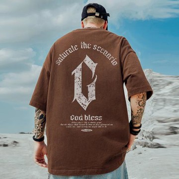 美式重磅220g潮牌胖子男裝大碼寬松青少年短袖T恤咖啡色半袖潮流