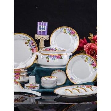 時尚促銷正宗中式景德鎮高檔骨質瓷金邊如意陶瓷餐具套裝碗盤碟