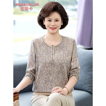 氣質媽媽秋裝長袖t恤50歲60中老年人女裝圓領顯瘦奶奶春秋上衣服