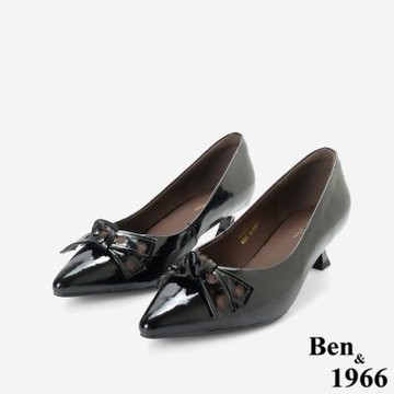 Ben&1966高級頭層牛漆皮紐結中低跟尖頭鞋-黑(258191)