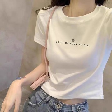 小衆設計 夏季 百搭新款正肩夏季設計感短款T恤女短袖寬鬆純棉高腰漏肚體恤上衣1