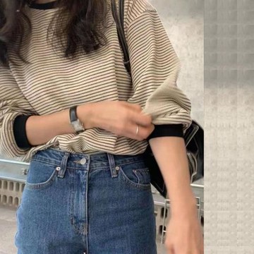 早秋新款休閑條紋衛衣女美式復古oversize寬松慵懶風長袖上衣女潮