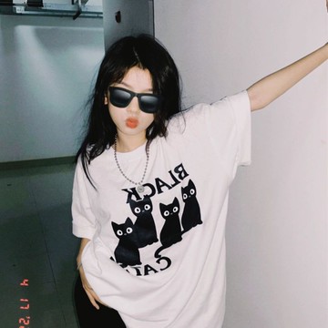 國潮純棉貓咪印花短T短袖女新款夏季百搭情侶上衣ins潮 寬鬆 顯瘦 短袖 女生上衣