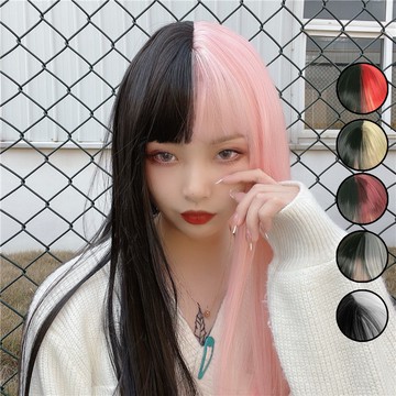 [台灣出貨附發票] 雙色拼色 整頂假髮 假髮 空氣劉海 假髮女 wig 仿真 地雷系假髮 黑色假髮 長假髮 男女假髮
