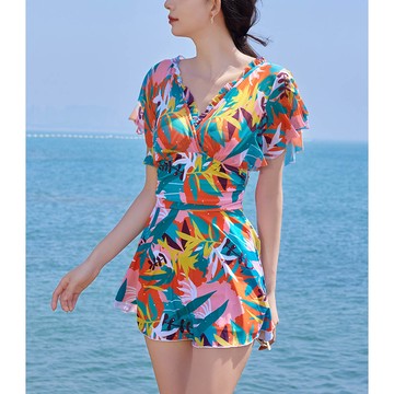 V領顯瘦小飛袖連身裙泳衣-五彩印花