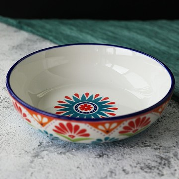 手繪陶瓷圓盤餐具 深盤家用裝菜盤湯盤深口盤子創意手繪釉下彩