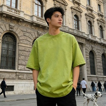 夏季新款純色簡約寬鬆圓領半袖T恤ins設計感休閒百搭男純棉短袖