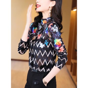 加絨打底衫女2026春季新款時尚印花氣質絲絨上衣歐貨減齡洋氣小衫