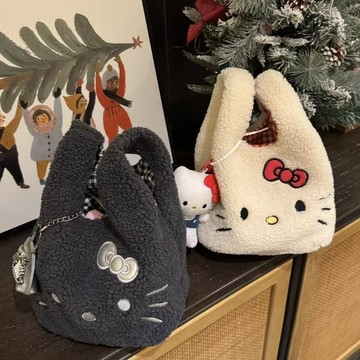 kitty手提包🎀 圣誕毛絨絨可愛凱蒂貓刺繡手提包羊羔手腕包上班通勤包便攜小拎包