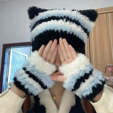 水貂絨皮草線貓耳帽毛線帽子冬天粗diy手工編織裘皮絨圍巾材料包